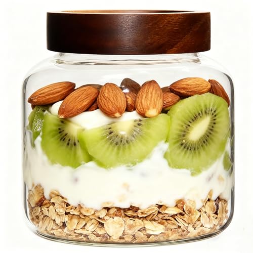 Glass Coffee Jars Spice Jar Round Storage Canister with Wooden Lid Clear Glass Food Jar for Pantry Sugar Tea Coffee Bean Spice Nuts Cookies Bath Salts