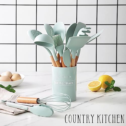 Non Stick Silicone Utensil Set with Rounded Wood Handles for Cooking and Baking (14 Piece Set / Mint)