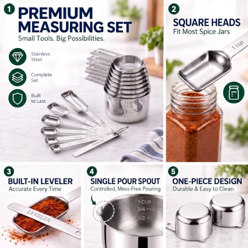 Stainless Steel Measuring Cups and Spoons Set (Rectangular Spoons Set)