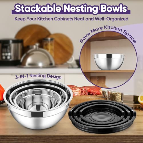 Stainless Steel Mixing Bowls with Lids Set of 3 (Black / 4.6, 3, 1.5QT)
