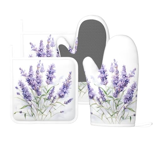 Oven Mitts and Pot Holders Lavender Watercolor Flower Floral Silicone Kitchen Accessories Set of 4 Heat Resistant Long Gloves Potholder Non (B01)