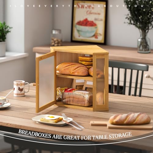 Corner Bread Box Kitchen Countertop Extra Large Capacity Farmhouse Bread Box (Natural / 11.8" x 11.8" x 13.8")