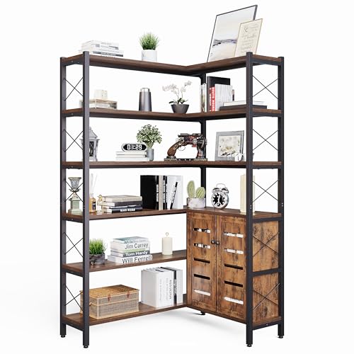 Corner Bookshelves and Bookcases Industrial Corner Etagere Bookcase L Shaped Shelf 6 Tiers with Metal Frame for Living Room Home Office