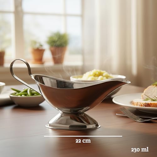 Housewares 8 oz Gravy Boat Gravy Jug Stainless Steel Gravy Boat And Saucer Gravey Jug Gravy Boat With Saucer Boat Gravy 11 cm x 22 cm x 10 cm (Silver / H11 x W22 x D10cm)