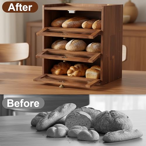 3 Layer Wooden Bread Box with Acrylic Window (3 Layer)