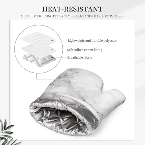 Oven Mitts Pot Holders Set White Marble Gray Silicone Kitchen Gloves Potholders Heat Resistant for Chef Baking Cooking Grilling BBQ 4 Pack Mitt (B112)