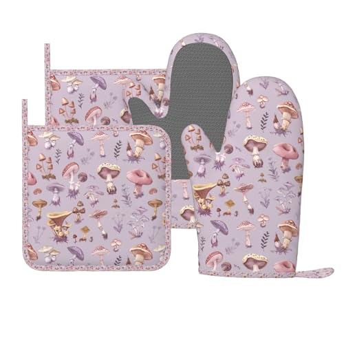 Oven Mitts Pot Holders Set Mushrooms Vintage Botanical Silicone Kitchen Gloves Potholders Heat Resistant for Chef Baking Cooking Grilling BBQ 4 Pack Mitt (B113)