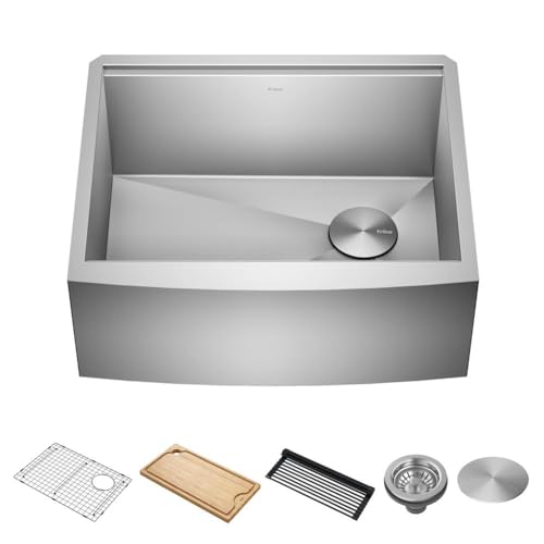 Kore 24 Inch Farmhouse Workstation 16 Gauge Single Bowl Stainless Steel Kitchen Sink with Accessories (24 Inch / Rounded Farmhouse / Stainless Steel)