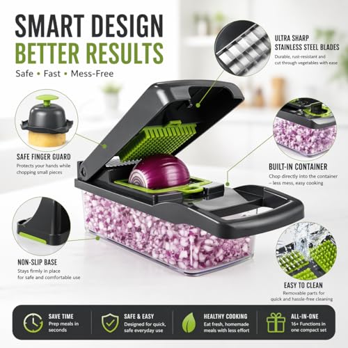 16-in-1 Vegetable Chopper & Mandoline Slicer – Multi-Function Food Cutter with Container, Stainless Steel Blades, Onion Dicer, Veggie Cutter, Grater Kitchen Tool