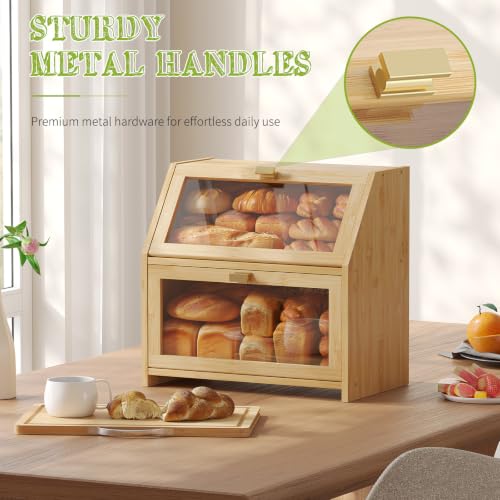 Bread Box with Cutting Board for Kitchen Countertop Corner Bread box Double Layer Bamboo Extra Large Capacity Bin Kitchen Food Storage Container (Natural)