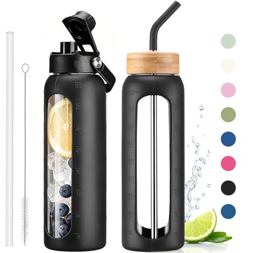 Glass Water Bottle with Straw and 2 Lids