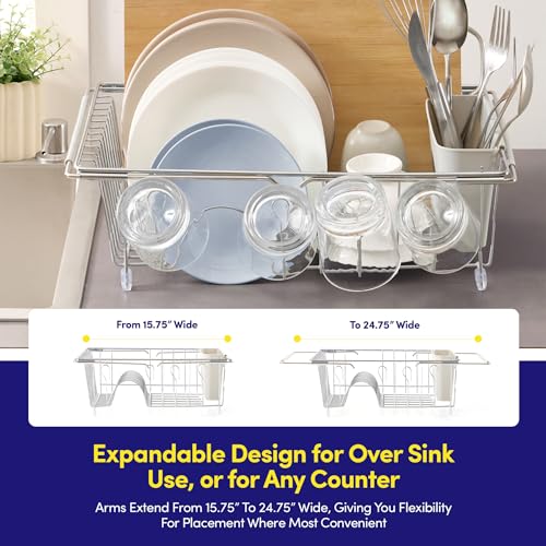 Dish Drying Rack Over the Sink Expandable to 24.5" Dish Drainer (Silver / 15.75" x 12" x 5")
