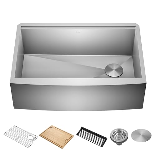 Kore 30 Inch Rounded Farmhouse Workstation with In Sink Dish Drying Rack (30 Inch / Rounded Farmhouse / Stainless Steel)