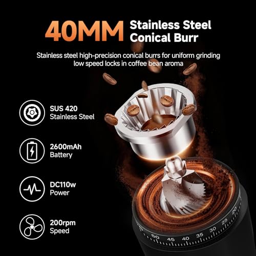 Cordless Burr Coffee Grinder with 60 Settings & Less Static Mess (Black)