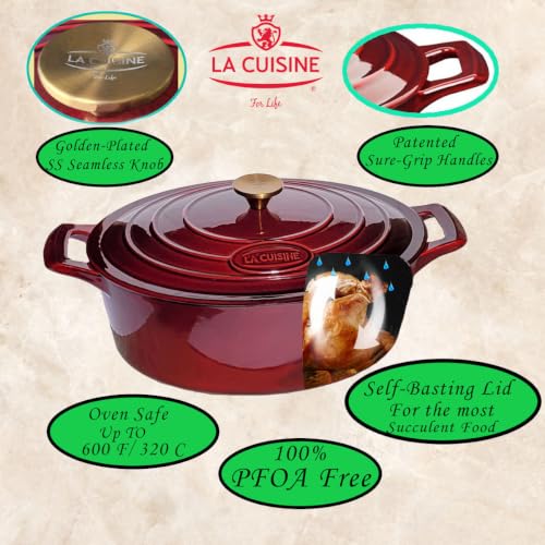 La Cuisine Enameled Cast Iron Oval Dutch Oven Casserole Dish Pot with Lid 5 QT Internal Matt Black Enamel Coating (5.0 QT Oval / Cranberry)