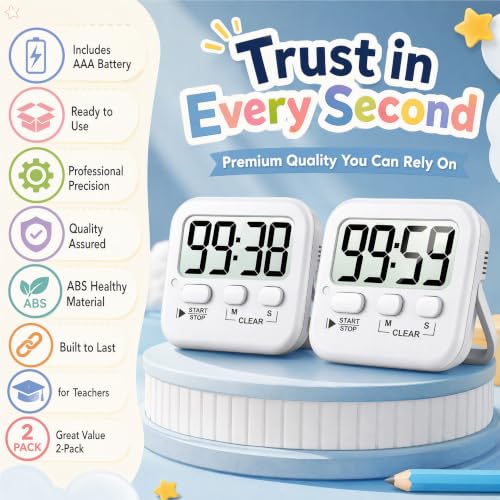 2 Pack Digital Timer for Kids Classroom Kitchen Timers for Cooking (2 * Pure White)