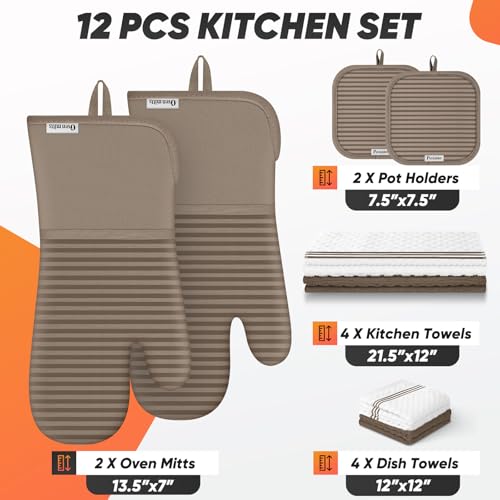 Oven Mitts Kitchen Towels and Dishcloths with Pot Holders Sets (Khaki)