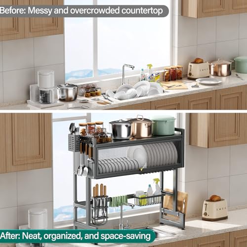 Over the Sink Dish Drying Rack 3 Tier with Dustproof Flip (Gray / 33.4in)