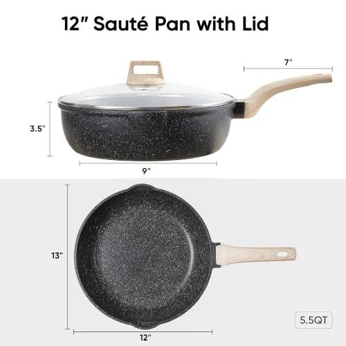 3/4.5/6.5-QT Nonstick Sautepan Deep Skillet Frying Pan with Glass Lid,Non-Stick Jumbo Cooker Granite Stone Coating from Switzerland…