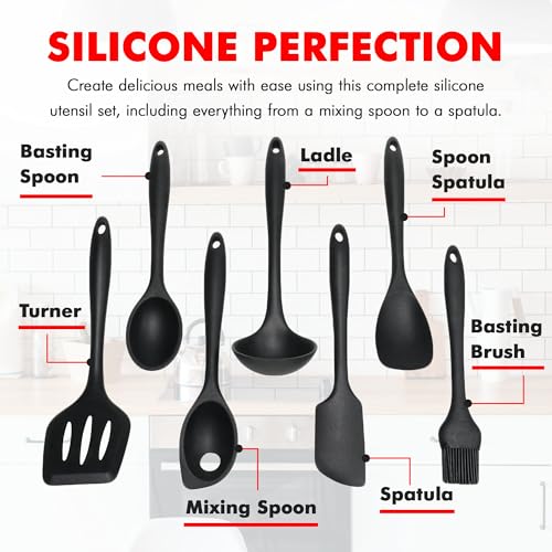 Premium Silicone Kitchen Tools and Utensils Set (7 Piece Set / Black)