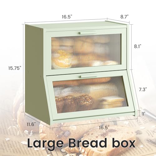 Double Layer Bamboo Bread Box for Kitchen Counter (Light Green / Extra Large)