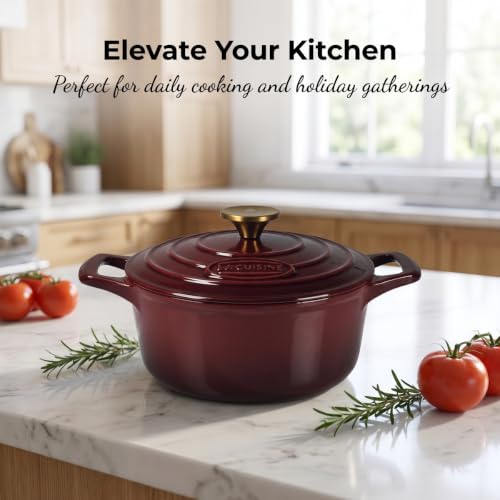 La Cuisine Enameled Cast Iron Dutch Oven Casserole Pot with Golden handle for Lid (5.0 QT Round / Cranberry)