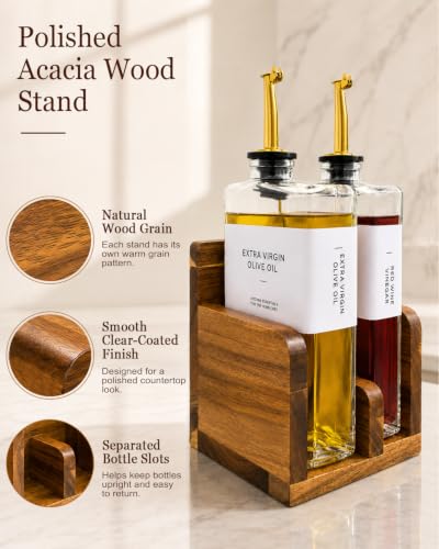Glass Oil and Vinegar Dispenser Set with Acacia Wood Stand (Clear)