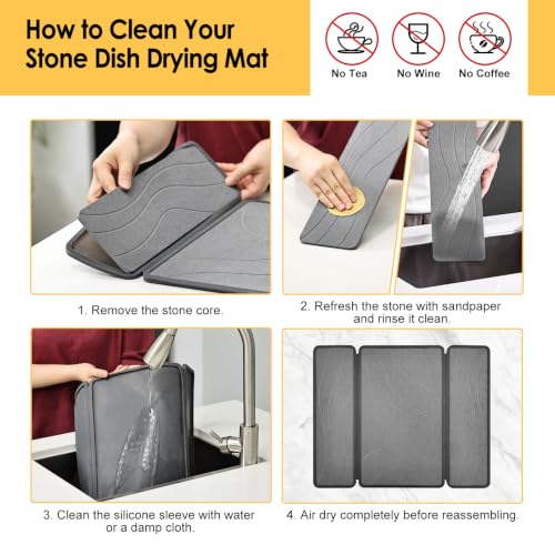 Stone Dish Drying Mat with Silicone Sleeve (Gray / Water Ripple Pattern / 19.7" x 15.7")