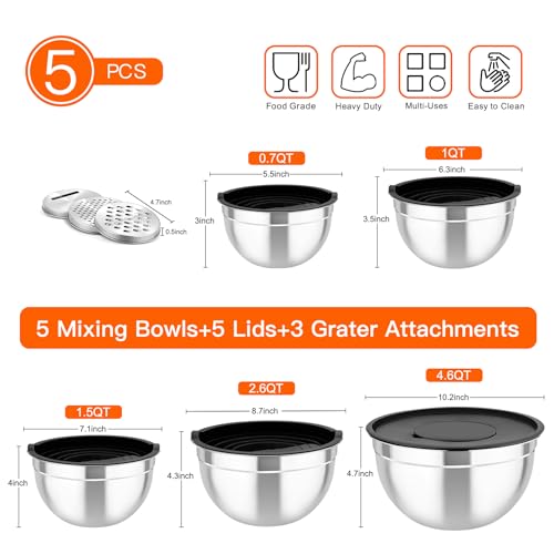 Stainless Steel Mixing Bowls with Lids Set of 5 with Graters