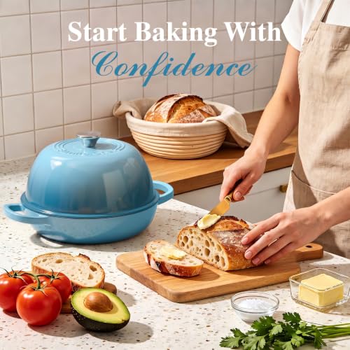 6QT Enameled Cast Iron Dutch Oven Bread Baking Gift Set (Blue)