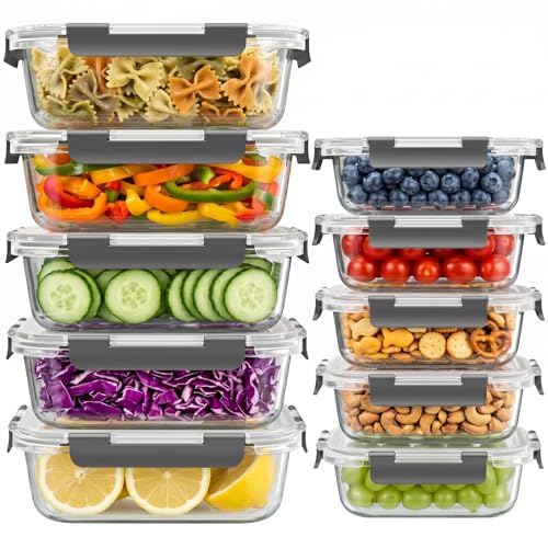 10 Sets 36 oz & 12 oz Glass Food Storage Containers with lids (Gray)