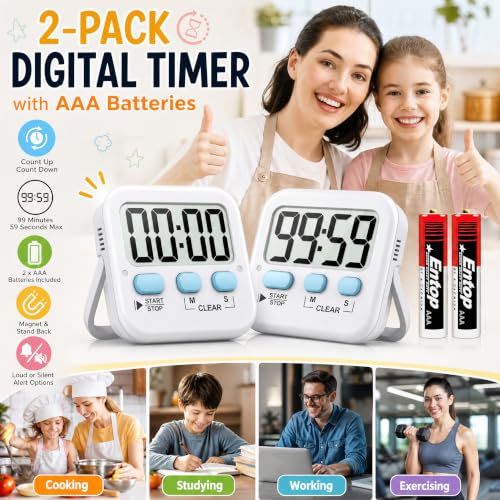2 Pack Digital Timer for Kids Classroom Kitchen Timers for Cooking (2 * Classic White ( 97%+choice ))