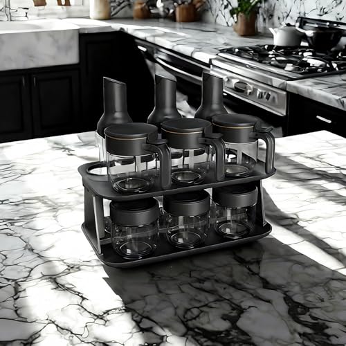 9 PCS Kitchen oil dispensers Spice Jars And Food Conainers Set (9 pcs set / Black)
