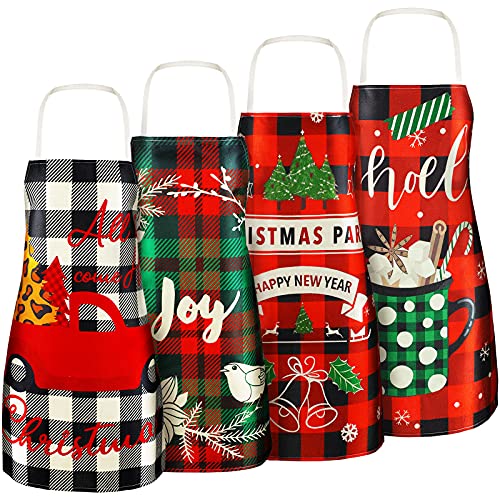 4 Pcs 21.7" x 26.8" Christmas Aprons Adjustable Kitchen Aprons Xmas Plaid Merry Christmas Bib for Adults