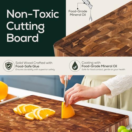 Medium (M) Teak End Grain Cutting Board, Reversible, Knife-Friendly Charcuterie Wood Cutting Board with Juice Groove & Handles, Non-Toxic, Gift Box Included (7" x 13" x 1.5") (M - Teak End Gain / 17"L x 13"W)
