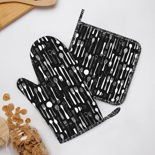 Oven Mitts Pot Holders Set Fork Spoon Pattern Black Silicone Kitchen Gloves Potholders Heat Resistant for Chef Baking Cooking Grilling BBQ 4 Pack Mitt (B0114)