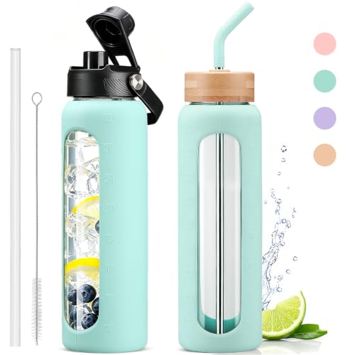 Glass Water Bottle with Straw and 2 Lids