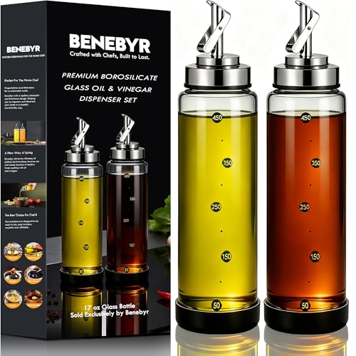 Glass Olive Oil Dispenser Bottle for Kitchen Shatterproof & Leakproof Oil and Vinegar Dispenser Set with Stainless Steel Spout & Rubber Bottom 17 oz Olive Oil Bottle for Cooking (Clear Set of 2)