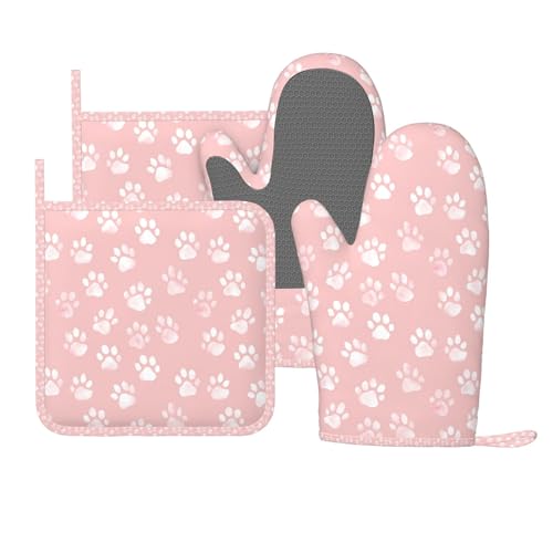 Oven Mitts and Pot Holders Pastel Pink Dog Paw Pattern Silicone Kitchen Accessories Set of 4 Heat Resistant Long Gloves Potholder Non (A063224)