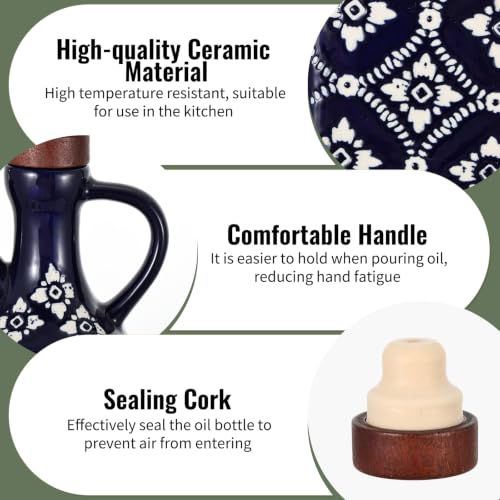 2 Pack 8.5 oz Ceramic Olive Oil Dispenser Bottle Decorative Olive Oil Dispenser Bottle with Handle & Wooden Stopper Relief Opaque Ceramic Oil Cruet for Kitchen Cooking Oil Vinegar (Blue/Green)