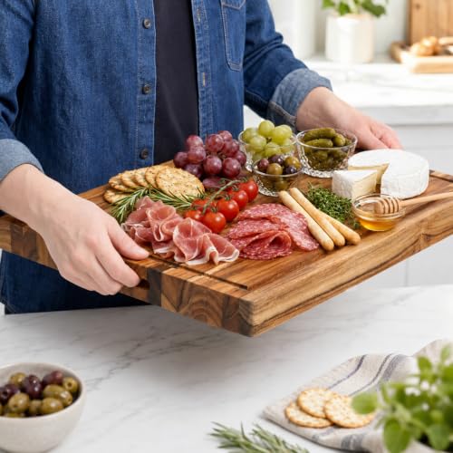 Edge Grain Teak Wood Cutting Board 18x14x1.25" With Deep Juice Groove & Side Handles (Teak Wood - Edge Grain / 18"L x 14"W)