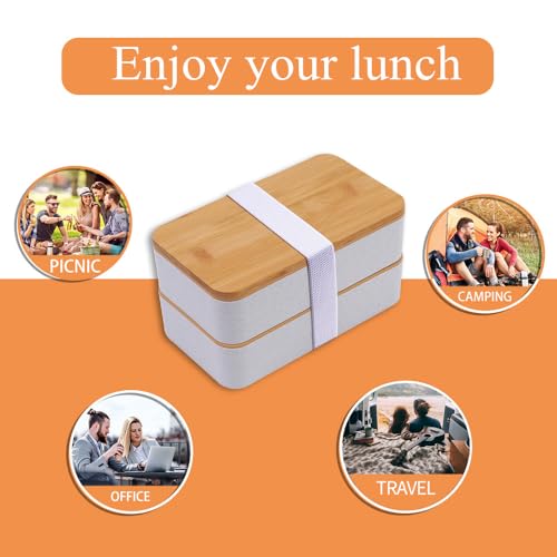Stackable Lunch Container with Bamboo Lid Bento Box for Adult with Lunch Bag and Flatware Set