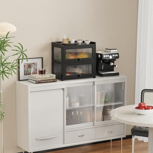 Extra Large Bamboo Bread Box for Kitchen Counter (Black-Flip Doors)
