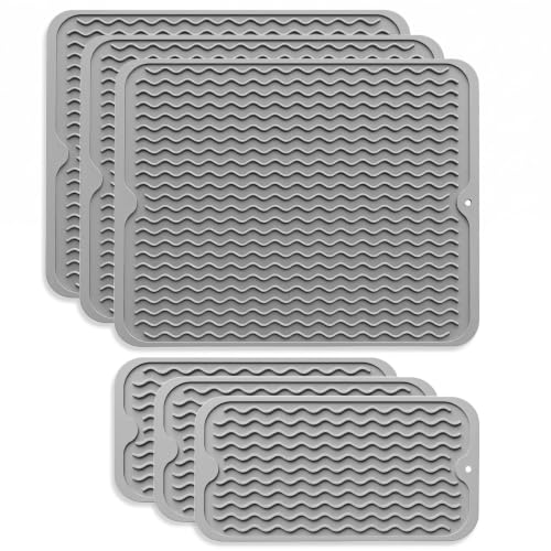 6 Pack Silicone Dish Drying Mat Set Non Slip Silicone Easy Clean Heat Resistant Drying Mat for Kitchen Counter Sink Refrigerator Drawer Liner 20 x 16 Inch