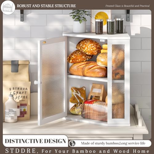 Corner Bread Box Kitchen Countertop Extra Large Capacity Farmhouse Bread Box (White / 12.6" x 12.6" x 16.5")