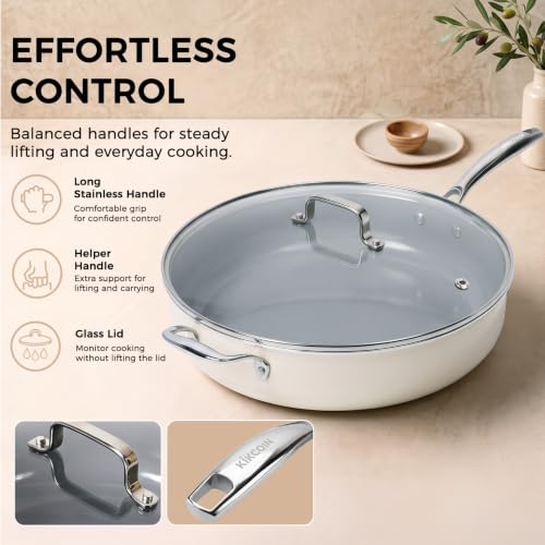 14 INCH Ceramic Nonstick Deep Frying Pan with Lid (Cream & Grey / 14 Inch /6 QT)