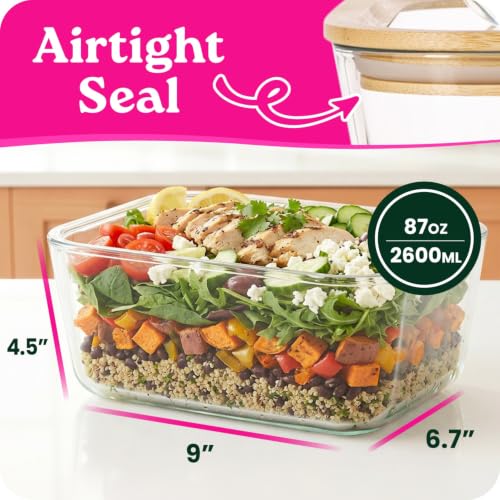 Large Glass Food Storage Containers with Glass Lids & Bamboo Rim (87.7 Fl Oz)