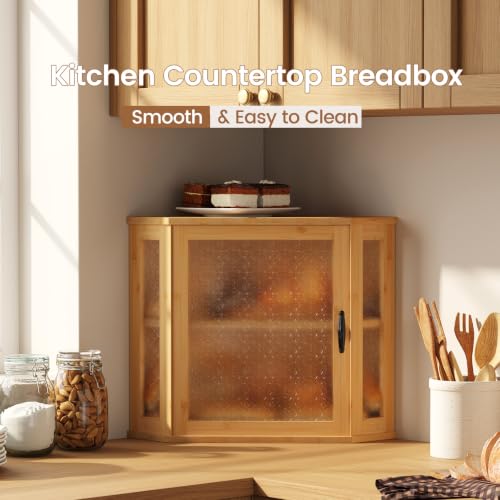 Corner Bread Box for Kitchen Countertop Double Layer Bamboo Wood Large Capacity Bread Storage Container Retro Vintage Farmhouse (Natural / Medium)