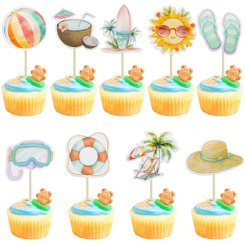 1Pcs Summer Beach Happy Birthday Cake Topper Glitter Ball Tree Umbrella Pool Cake Pick for Hawaiian Holiday Baby Shower Birthday Party Cake Decorations Supplies Blue