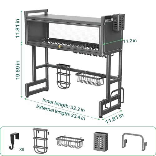 Over the Sink Dish Drying Rack 3 Tier with Dustproof Flip (Gray / 33.4in)